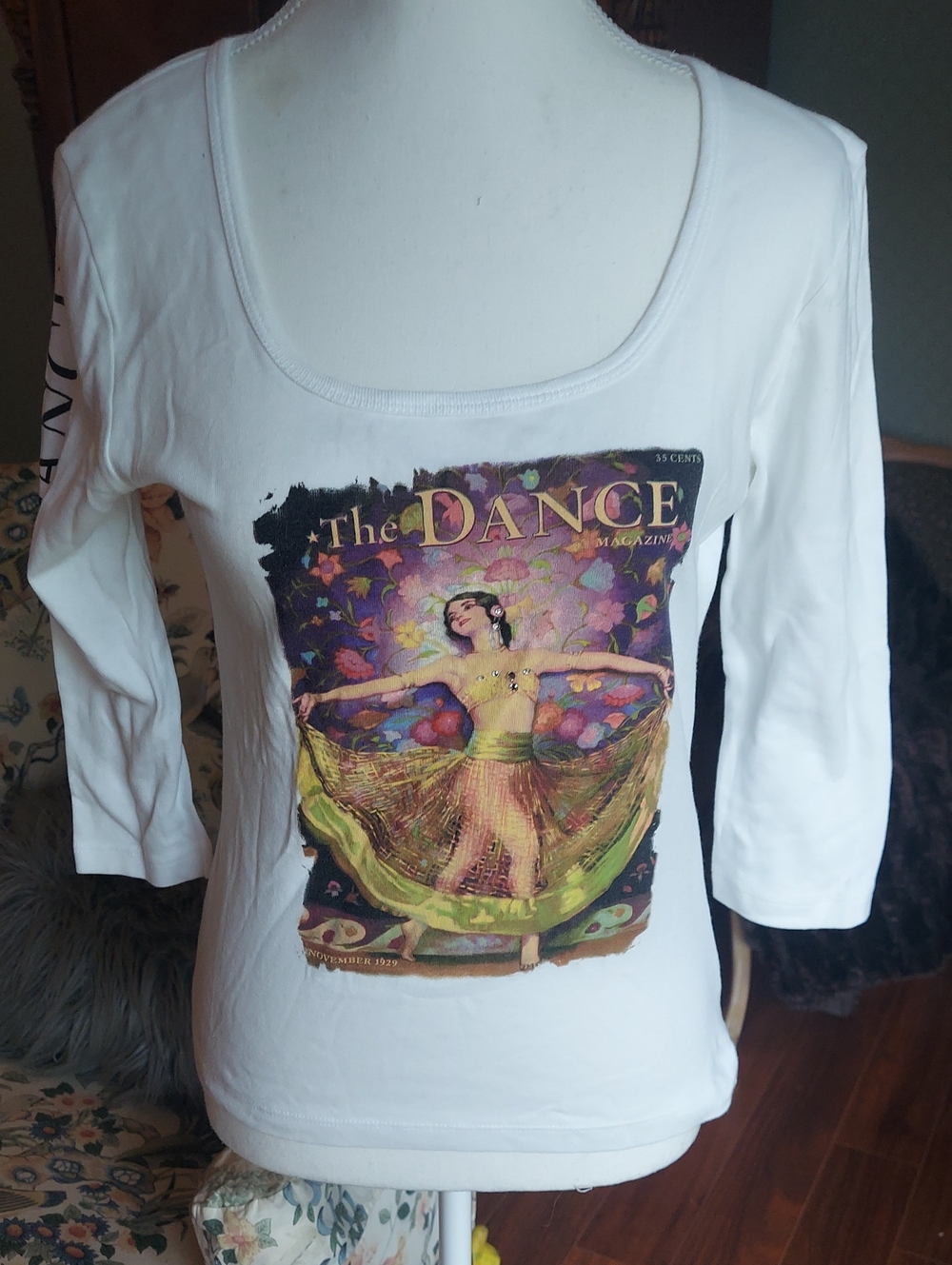 Women’s White Scoop Neck Long Sleeve Top with Dance Graphic